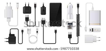 Phone charger. Realistic smartphone power supply. 3D USB cables and electric plugs. Auto adaptors for charging devices. Power cords. Vector digital equipment for accumulator refuels Stockfoto © 