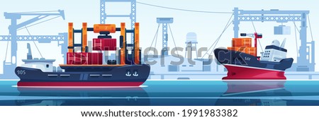 Ship in dock. Cargo transport with containers in harbor. Vessel for freight transportation. Water vehicle sailing in industrial sea port. Marine shipping. Vector seascape illustration