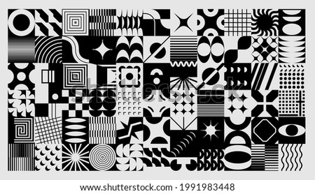 Abstract background. Geometric collage with minimalistic and brutalist shapes. Concentric circles and lines. Creative rounds or squares. Monochrome mosaic cover. Vector illustration