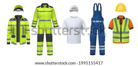 Professional uniform. Realistic work wear with helmet and reflective protective stripes. Isolated coveralls and headgears, t-shirt or vest. Garment for repairman. Vector clothes set