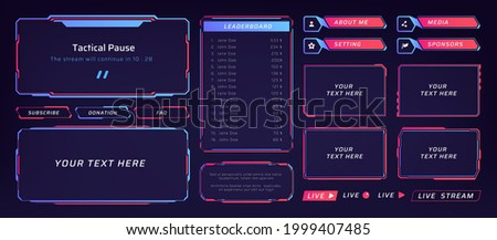 Game frame. Stream overlay banner with buttons and video player UI template. Futuristic live interface. Isolated streaming show graphic tags mockup. Vector square digital elements set