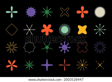Brutalism stars. Minimalistic geometric flowers with petals and stats. Contemporary forms. Isolated floral elements silhouettes. Abstract contour crosses. Vector graphic shapes set