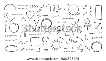 Doodle hand drawn shapes. Marker freehand artistic brush arrows. Pencil graphic direction signs. Geometric forms. Contour sketch of heart and sun symbols. Vector chalk elements set