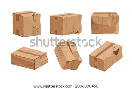 Damaged box. Cartoon broken package. Ripped and wet shipping cardboard packaging. Cargo and mail parcels set. Wrinkled containers. Vector poor quality delivery or warehouse storage