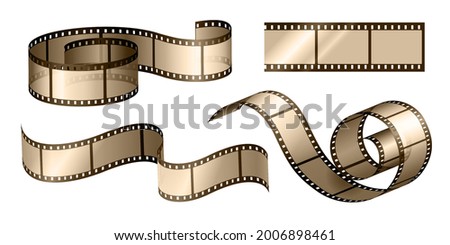 Movie film strip. Cinema filmstrip roll frame with perforation. Retro negative photograph celluloid tape border. Isolated curls photo camera ribbon. Vector cinematography reels set