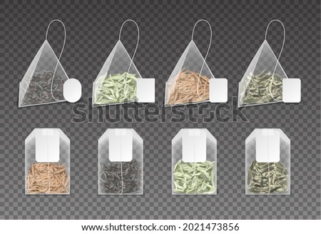 Realistic teabag. 3D pyramid and square bags with green, black or herbal flower tea. Transparent packs set with dried leaves and blank labels. Vector morning drink mockup for branding