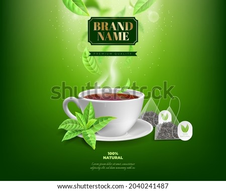 Tea ad background. Realistic green and black drink advertisement with branded teabags. Leaves and porcelain cup on blurred background. Hot beverage banner design. Vector illustration