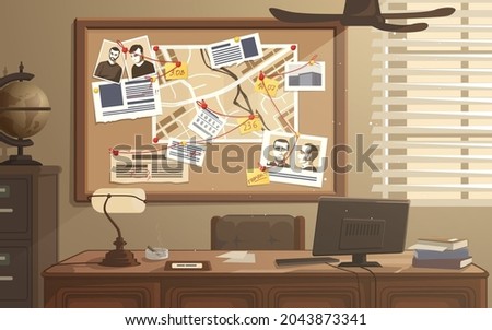 Detective workplace. Police office with investigation board. Searching evidences. Photos, notes and map attached to pinboard. Investigators room with desk and safe. Vector illustration
