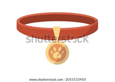 Collar with medal for cats and dogs. Cartoon pets red necklace and golden tag. Isolated kittens or puppies accessory. Metal badge with animal footprint. Vector canine belt template 商業照片 © 