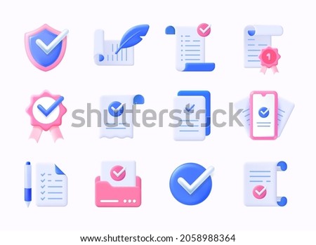 Realistic check icons. 3D plastic approve symbol and quality guarantee certificate. Document agreeing and signing offer. Emblems mockup with checkmarks and papers. Vector signs set