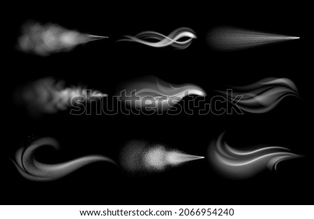 Realistic wind blow. 3D air spray and steam jet effect. Water vapor burst. Foggy cloud. Mist and haze graphic templates. Curve shapes of fume flow. Vector dust and smoke textures set 商業照片 © 