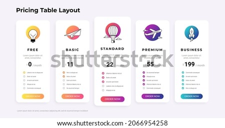 Pricing table. Products comparison chart list. Advertising banner with columns of checklist and price compare. Business host tags template. Promotion order infographic. Vector web layout Photo stock © 