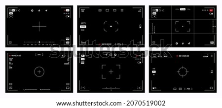 Camera viewfinder. Video record and photography shoot. DSLR screens. Digital camcorder interface. Focusing frame mockup with adjustment buttons. Vector film and photo blank windows set Stock foto © 
