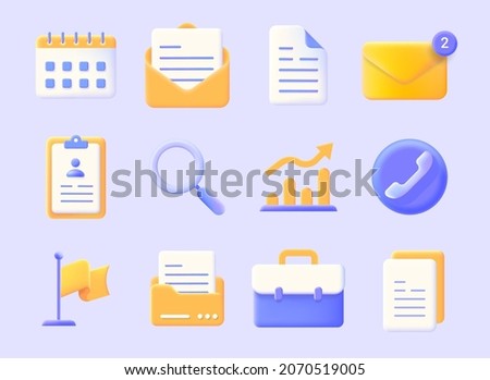 Realistic business icons. 3D calendar document form. Contact papers. Mail message. Envelope or call plastic signs. Isolated magnifier and folders. Computer interface vector elements set