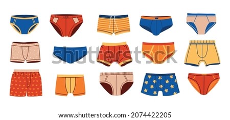 Mens underpants. Doodle underwear clothing. Cartoon swimming trunks. Briefs and panties. Male everyday clothes. Colorful boxers and swimwear. Casual underclothes. Vector garment set