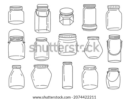 Doodle jar. Hand drawn empty glass preserve canning with lids and handles. Homemade hanging romantic lantern. Isolated food cans for jam and jelly. Vector containers line sketches set Foto stock © 
