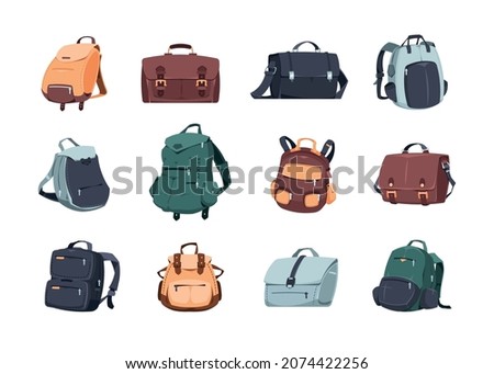 Cartoon backpack. School bags, camera bag and rucksack for laptop, travel and camping leisure backpack, journey textile and leather luggage. Trip baggage isolated objects, vector set