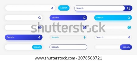Website search button. Empty input field with cursor and interface elements. Blank digital frames. Magnifier and microphone UI signs. Vector finding information boxes set with icons