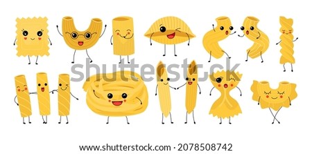 Doodle pasta characters. Cute Italian wheat food. Cartoon macaroni mascots with hands legs and kawaii faces. Traditional fusilli or spaghetti. Menu decorative elements. Vector meal set
