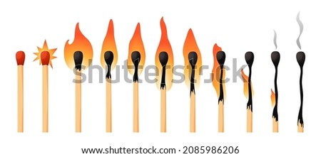 Burning match animation kit. Wood whole matchstick with sulfur head flaming stages from ignition to extinction. Sequence steps of combustion. Vector cartoon household wooden stick set Сток-фото © 