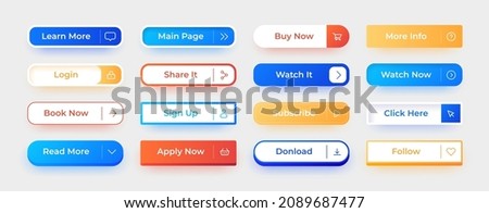 Web UI button. Call action interface elements. Watch now and follow rectangular icons with text. Click here and subscribe. Login and share modern menu signs. Vector user symbols set