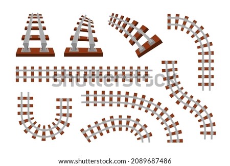 Train rails. Top view of railroad for cargo locomotives, subway and tram. Transport route travel symbol. Turns and straight railway parts. Vector metal railings and wooden sleepers set