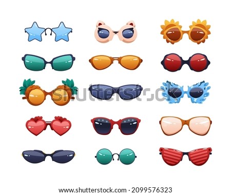 Party glasses. Cartoon funny fashion sunglasses with reflections. Round colorful summer spectacles. Different shapes eyewear. Plastic rims and sun protection lens. Vector accessories set Stok fotoğraf © 