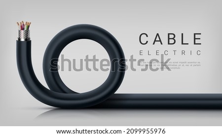 Copper cable. Realistic electrical multicore wire with coloured isolation. Vector curved power cord illustration