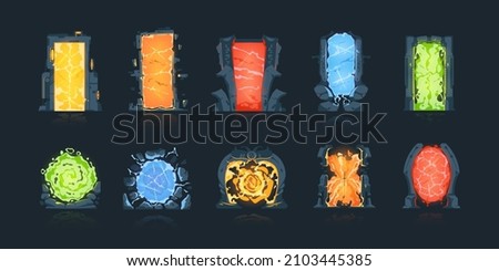 Cartoon portals. Magic fantasy game teleports. Circle and square teleportation doors. Archway or doorway with colorful lighting auras. Vector gates set for transition between dimensions