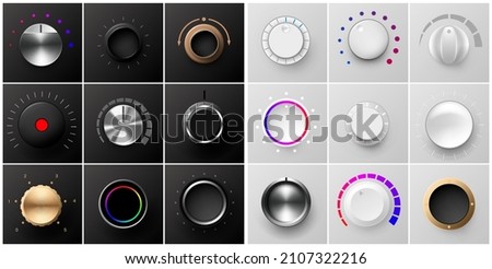 Realistic volume dial. Metal and plastic radio knob. Black and white rotating buttons. Stereo sound round tuners. Dashboard tumblers with control scales. Vector 3D panel switches set
