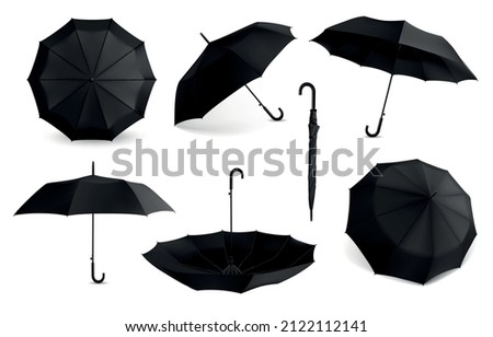 Black umbrella. Realistic mockup of open and closed rain protection accessory. View from different angles on parasol with handle. Folded waterproof tents. Vector classic canopies set
