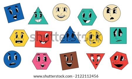 Shapes with retro faces. Abstract geometric figures with cartoon facial emotion expressions. Angry or cheerful smiley. Happy and disappointed emoticons. Vector 30s 40s 50s clipart set