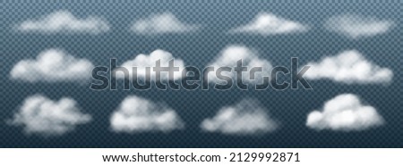 Realistic clouds. White transparent cumulus cloudy shapes mockup. Puffy smoke. Heaven evaporation. Overcast weather. Sky precipitation collection. Vector 3D cloudscape elements set