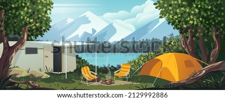 Cartoon camping. Summer nature scene with trailer tent and bonfire. Scenic forest panorama. Lake and mountain peaks scenery. Empty campsite in woodland meadow. Vector landscape background