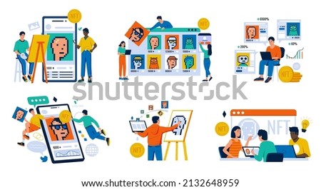 NFT concept. People creating buying and working with cryptoart. Non-fungible token auction. Unique masterpieces markets. Persons paying for artworks with phones. Vector digital art set