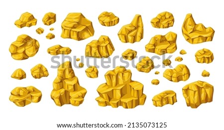 Golden nuggets. Cartoon gold mine boulders and stones. Yellow metal ore precious elements. Miners wealth. Geological material. Shiny treasure. Goldmine prill. Vector isolated rocks set