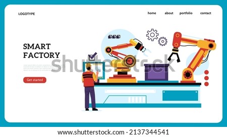 Assembly engineer landing page. Factory production line with robotic hands. Manipulators operator. Worker controls manufacture conveyor. Industrial equipment. Vector website template