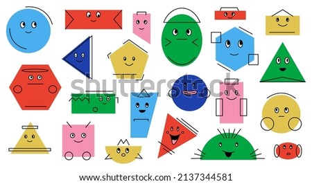 Geometric shapes with faces. Cartoon abstract minimal figures with mascot smiles. Various emotion expressions. Bright childish circles. Sad squares and triangles. Vector basic forms set