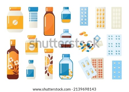 Cartoon medicine. Pharmacy containers. Bottles with drugs. Pills blisters. Medical vials and jars. Remedy capsules. Painkiller or antibiotic tablets. Vector pharmaceutical packages set