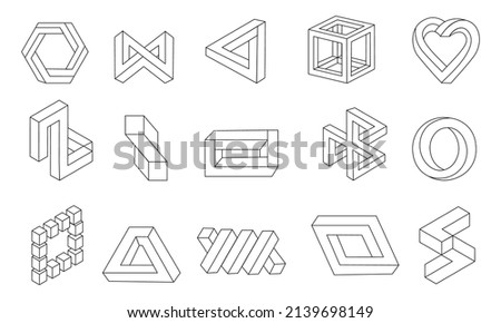 Line impossible shapes. Optical illusion collection. Visual perception delusion. Looped unreal forms. Black and white abstract infinite symbols. Vector outline geometric figures set