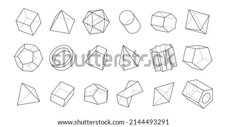 Mathematical figures. Outline 3D geometric shapes. Triangular and hexagonal prisms. Parallelepiped and cylinder. Minimalistic cubes. Torus or pyramid. Vector polygonal line forms set