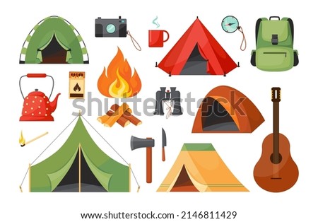 Picnic on nature. Summer holiday outdoor adventure trip. Conceptual spring hipster travel. Hiking tools. Bonfire and firewood. Camping tents. Backpack and compass. Vector campsite set