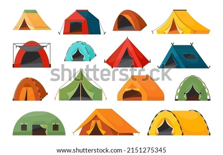 Camp tent. Campsite tourist house for outdoor adventure. Blue, green and orange camping dome for area in forest. Hiking tourism equipment. Campground shelter. Vector camper tools set