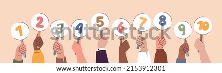 Numbers in hands. Numeric scorecard for judge competition. Jury results. Arms holding competition evaluation boards. Ranking and voting. Math symbols. Vector feedback card collection