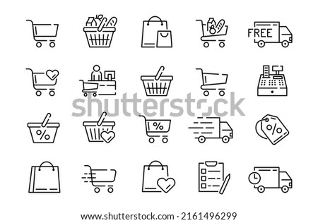 Supermarket shop icons. Shopping line pictograms. Store trolley. Cart and basket. Purchase bags. Cashier and merchant. Discount price tag. Free delivery truck. Vector outline signs set