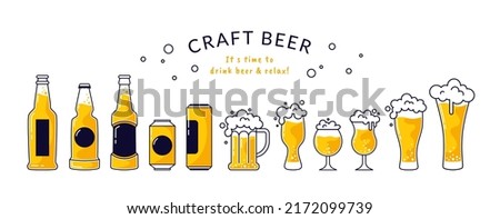 Craft beer bottles. Glass pub can with foam for festival alcohol bar brewery. Minimal mug in box. Summer beverage. Ale pint. Lager cups shapes. Froth drink. Vintage vector poster design