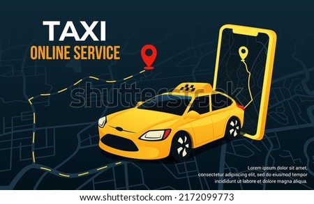 Cab app design. Taxi order online service. Mobile transport application. Car travel path. City map with location pin. Automobile business. Digital tablet screen. Vehicle rent. Vector banner