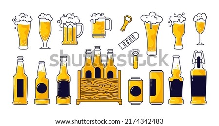 Glass pint of beer. Froth alcohol beverage, doodle mug icons with craft foam barrel or brewery, oktoberfest festival label. Ale and lager, different bottles shapes vector illustration set