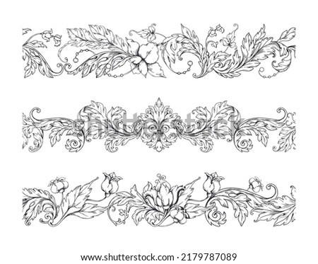Baroque border frame. Floral victorian curve ornament set, elegant decoration motif with flowers, filigree and swirl ornate. Blooming blossoms and decorative leaves, vector seamless pattern Foto stock © 