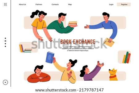 Book gift swap landing page. Library exchange or bookstore sale day. Website UI. Education festival. Literature public university. People read novels. Web banner vector illustration